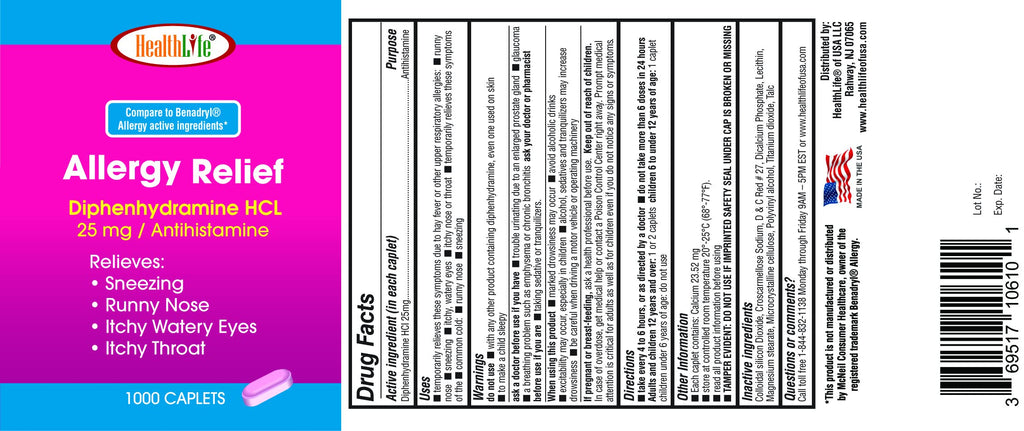 HEALTH LFE Allergy Relief Caplets 25 mg Diphenhydramine HCl – Pack of 2 (2000 Count) for Children & Adults