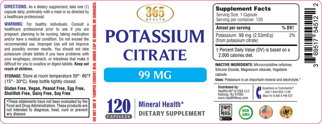 Potassium Citrate Capsule 99mg – Essential Electrolyte for Nerve, Muscle & Heart Health (120 Capsules)