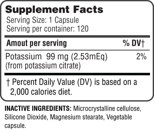 Potassium Citrate Capsule 99mg – Essential Electrolyte for Nerve, Muscle & Heart Health (120 Capsules)