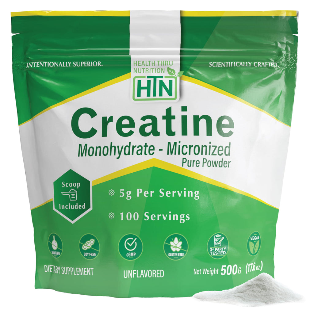 Health Thru Nutrition Creatine Monohydrate Micronized Powder 500g – Unflavored, 5g Scoop | Non-GMO & Vegan