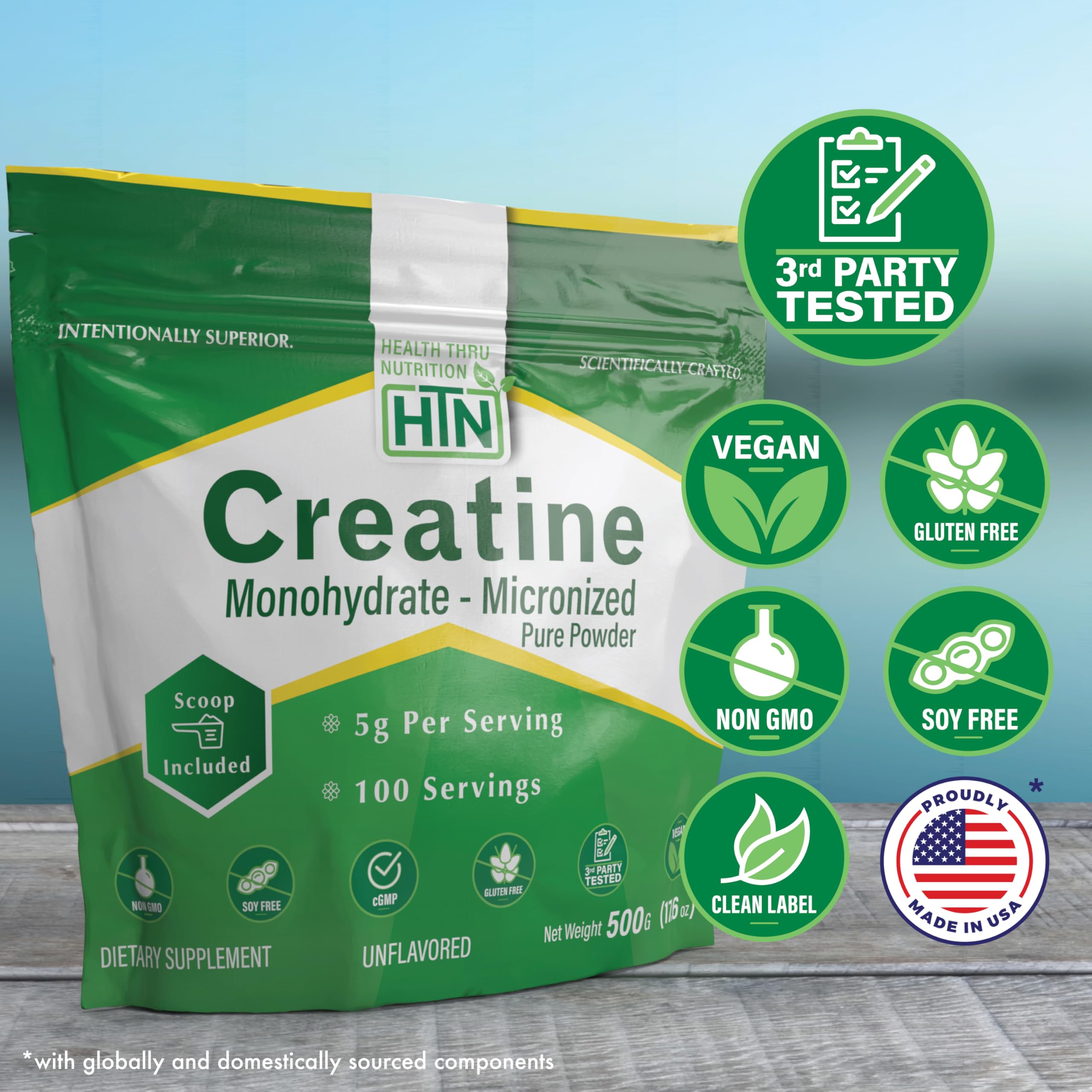 Health Thru Nutrition Creatine Monohydrate Micronized Powder 500g – Unflavored, 5g Scoop | Non-GMO & Vegan