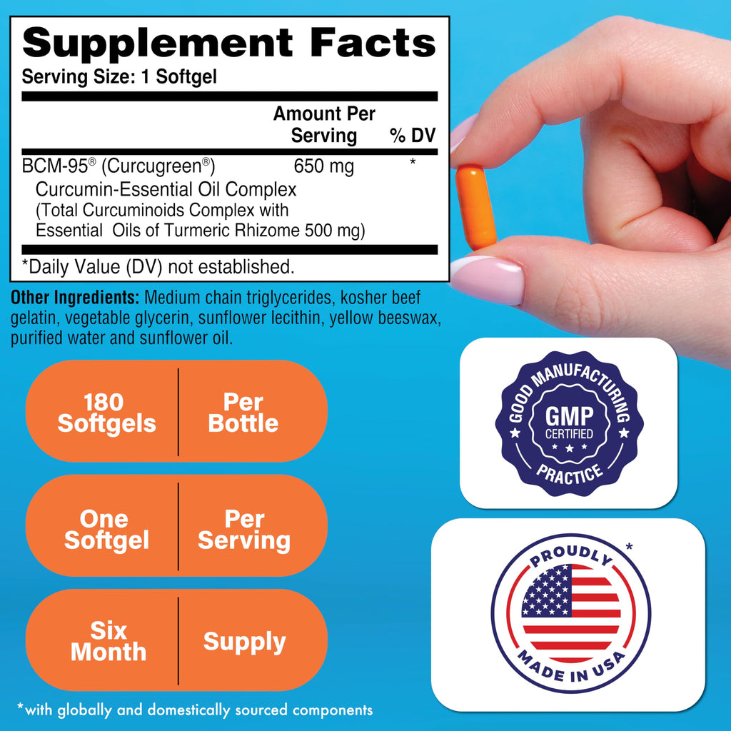 Health Thru Nutrition Curcu-Gel 650mg BCM-95 CurcuGreen Turmeric Curcumin – High Absorption, Non-GMO, 180 Count