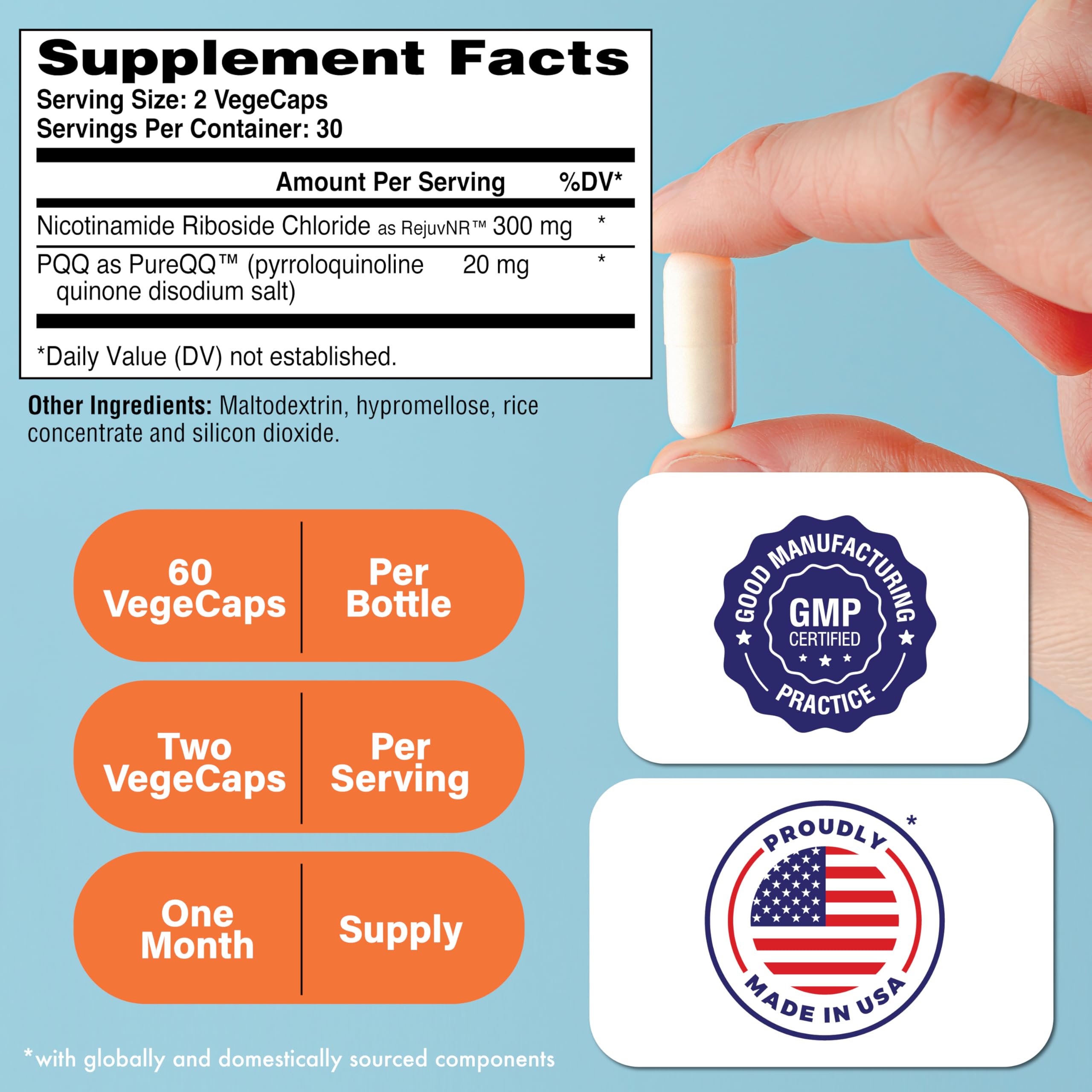 NAD+ Activator NR + PQQ - 300mg NR, 20mg PQQ | Pack of 60 | Non-GMO