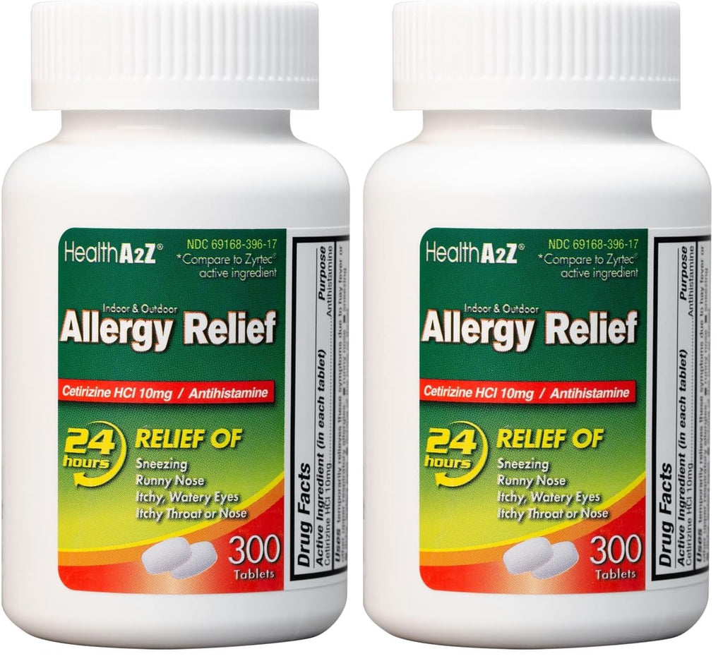 HealthA2Z Allergy Relief 10mg Cetirizine – All Day Indoor & Outdoor Allergy Support (Pack of 2, 300 Count)