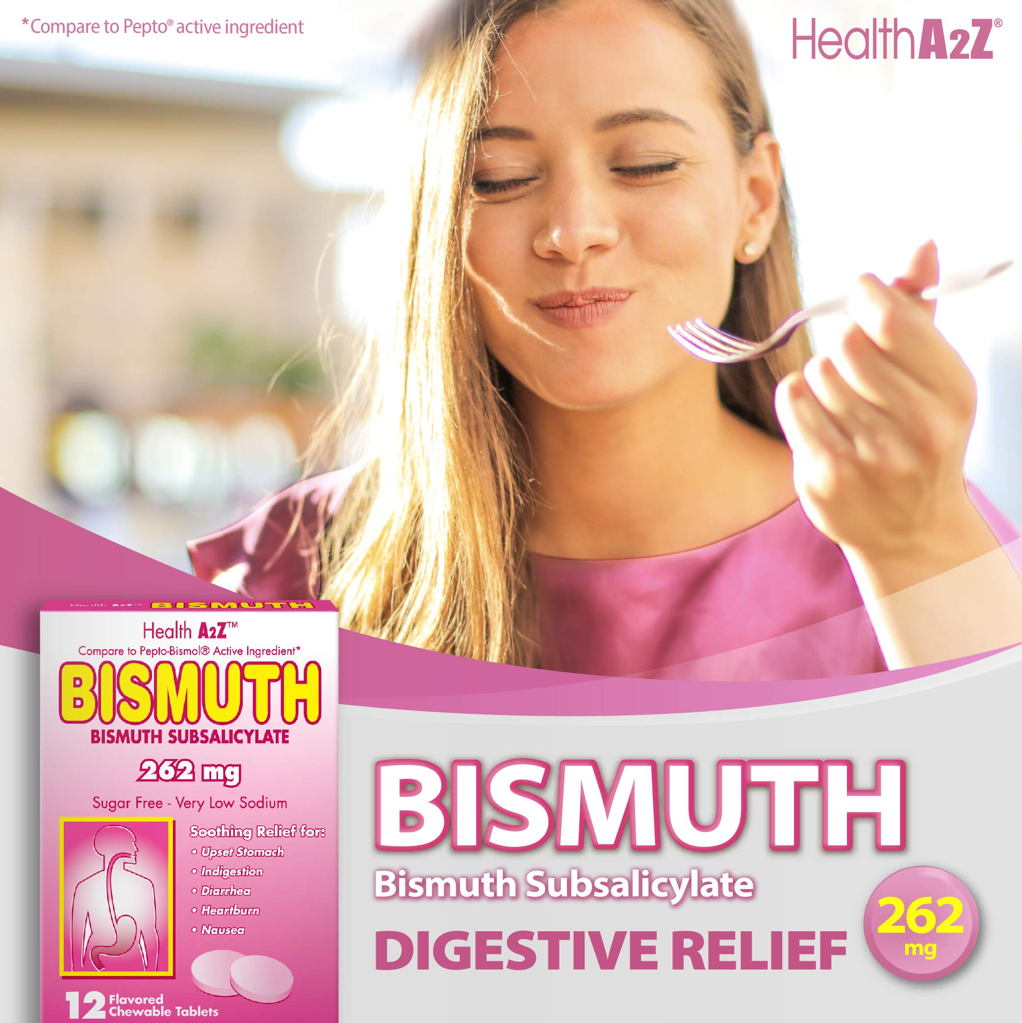 HealthA2Z Bismuth | Multi-Symptom Digestive Relief 3-Pack (36 Tablets)