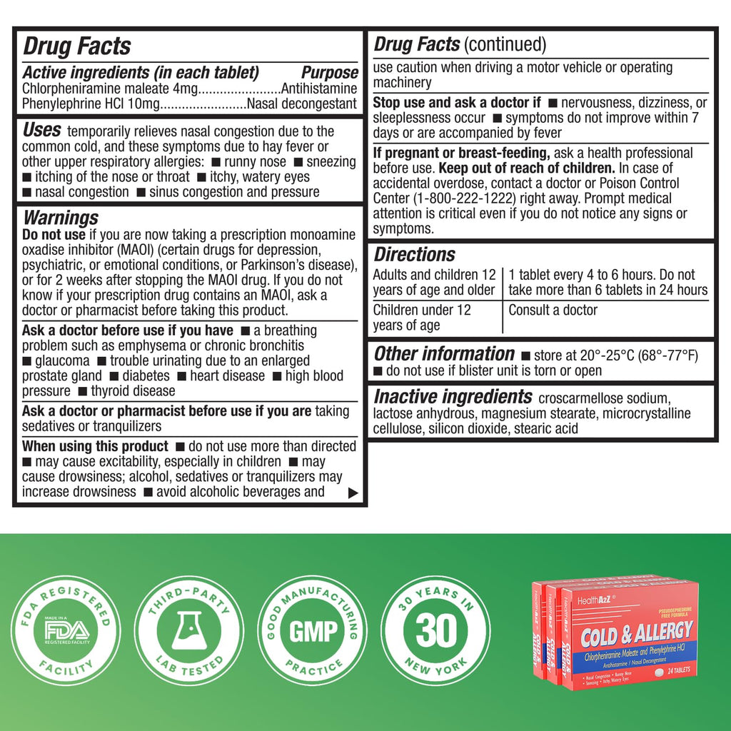 HealthA2Z Cold & Allergy 72 Tablets | Chlorpheniramine Maleate & Phenylephrine HCl