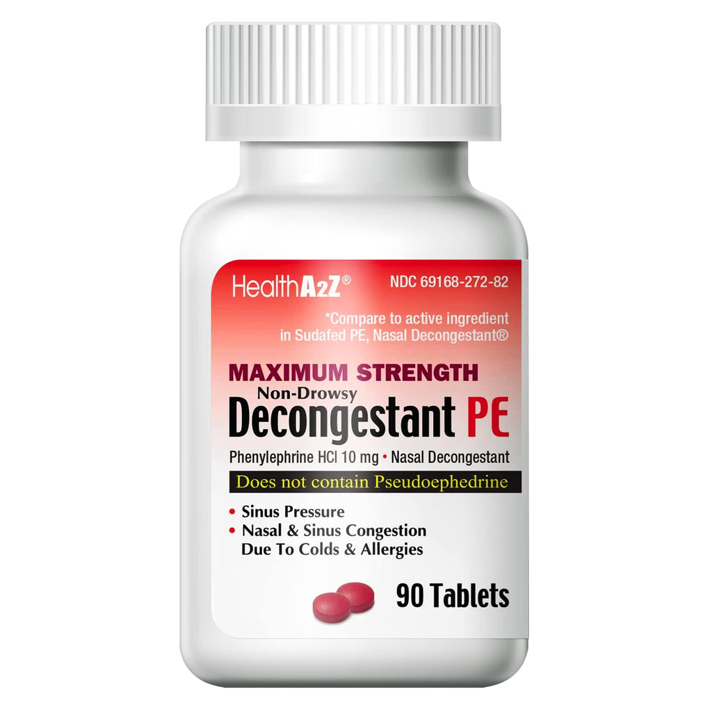 HealthA2Z Decongestant PE - Phenylephrine HCl 10 mg, Maximum Strength Non-Drowsy Nasal & Sinus Relief (90 Count)