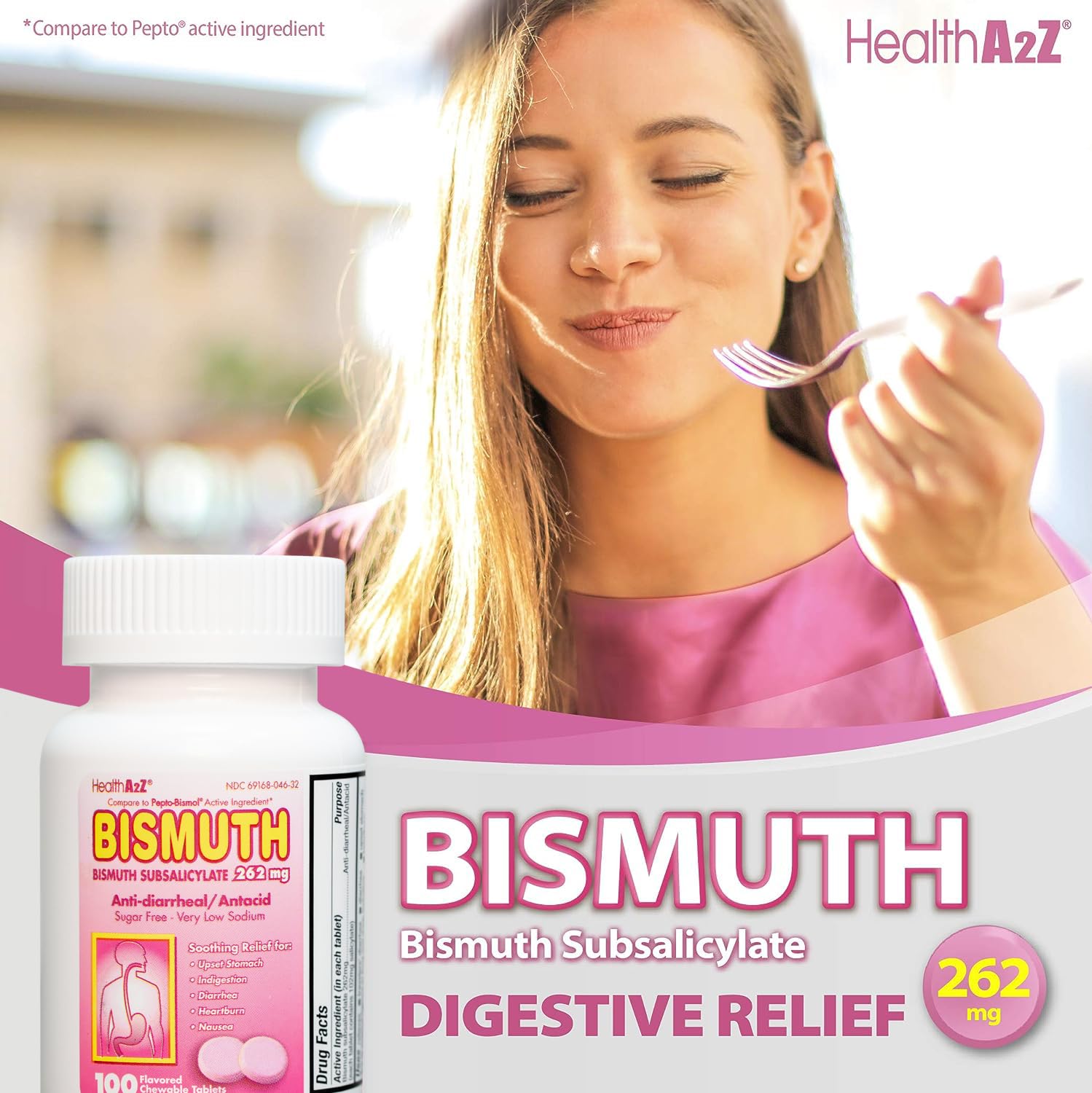 HealthA2Z Bismuth Subsalicylate 262mg – Multi-Symptom Digestive Relief, Pack of 2 (100 Count)