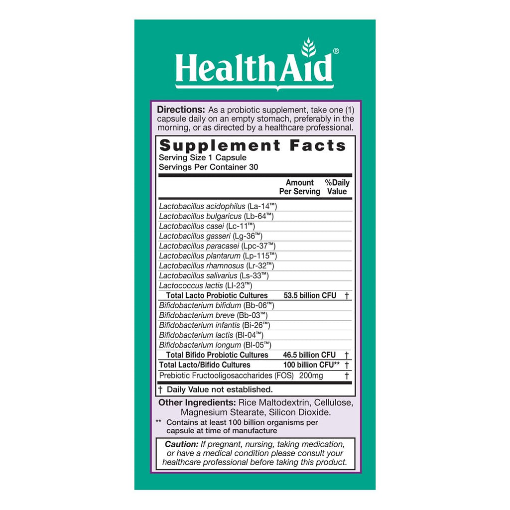 HealthAid UltraProbio 100 Billion Probiotic – 30 Count, Once Daily, Acid & Bile Resistant, Non-GMO