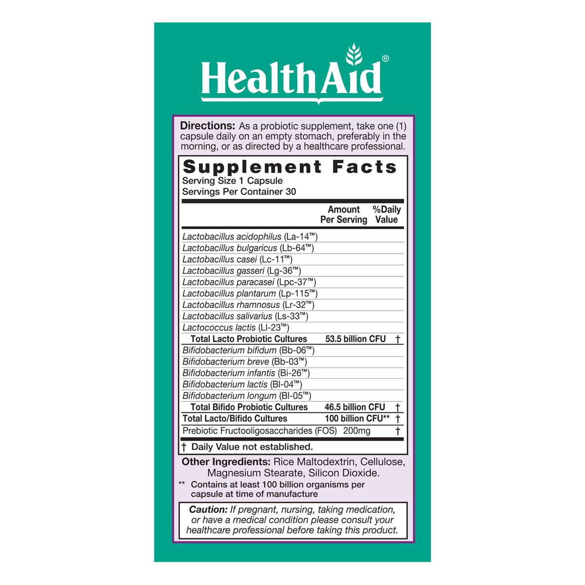 HealthAid UltraProbio 100 Billion Probiotic – 30 Count, Once Daily, Acid & Bile Resistant, Non-GMO