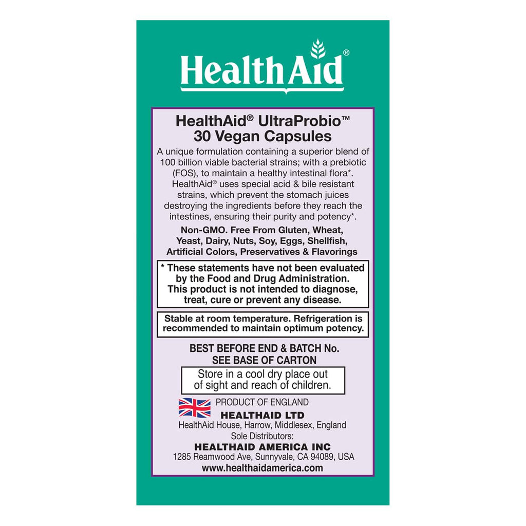 HealthAid UltraProbio 100 Billion Probiotic – 30 Count, Once Daily, Acid & Bile Resistant, Non-GMO