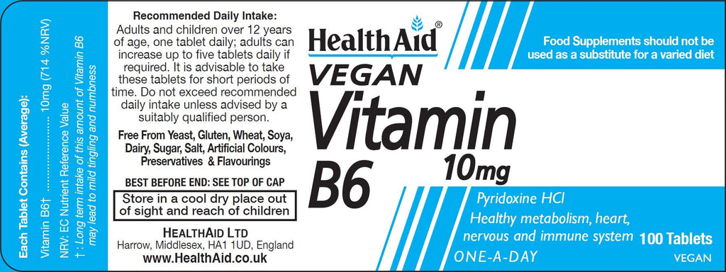 Health Aid Vitamin B6 (Pyridoxine HCl) 10mg – 100 Tablets