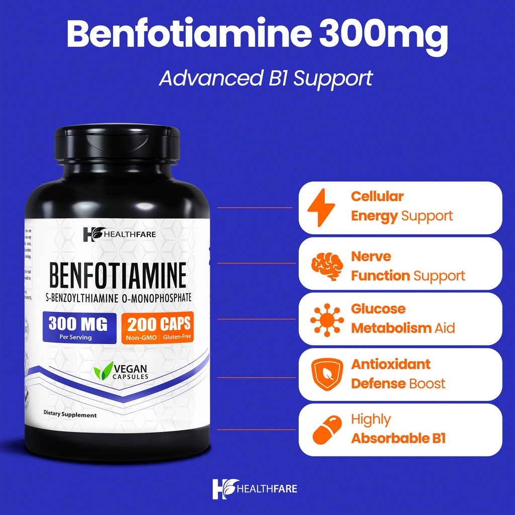 Healthfare Benfotiamine 300mg – 200 Veg Capsules | Enhanced Absorption
