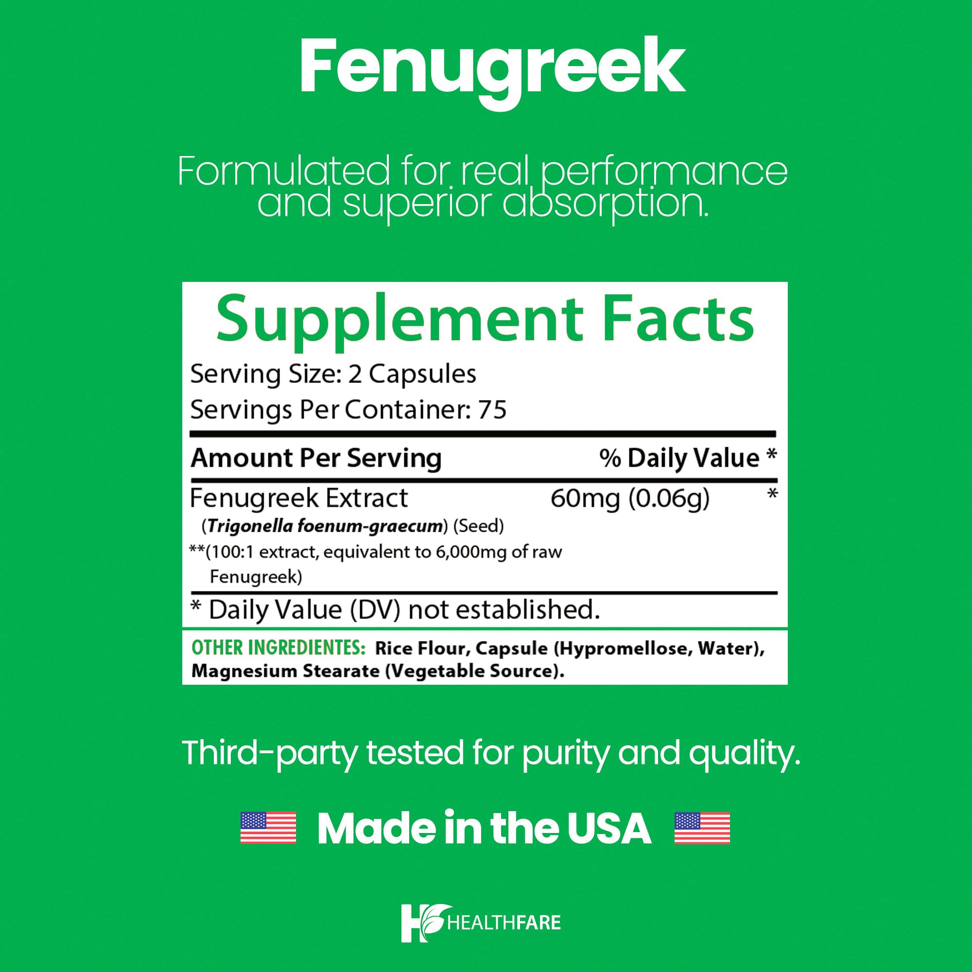 Healthfare Fenugreek Seed Extract 6000mg – 150 Vegan Capsules | Made in USA