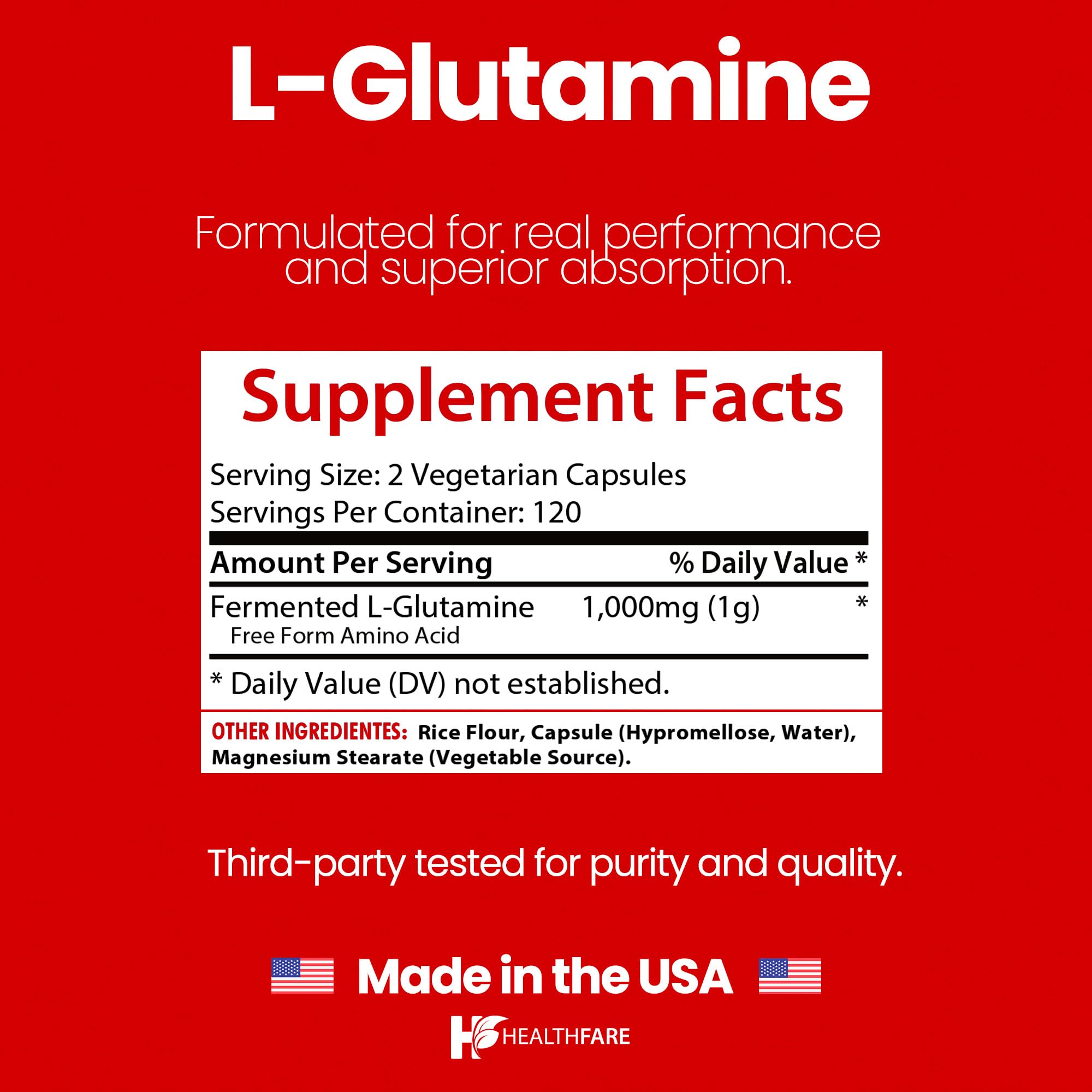 HealthFare L Glutamine 1000mg | 240 Vegan Capsules | Digestive Support & Muscle Recovery | Made in USA