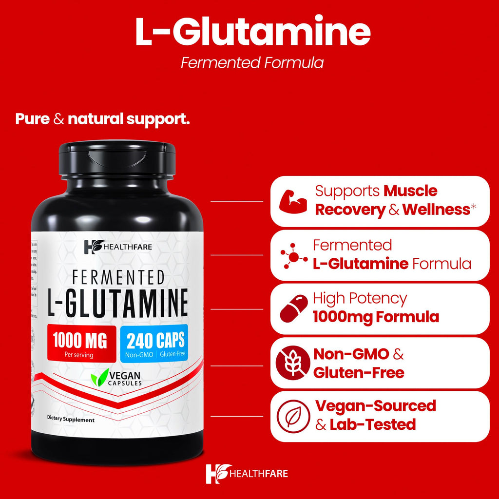 HealthFare L Glutamine 1000mg | 240 Vegan Capsules | Digestive Support & Muscle Recovery | Made in USA