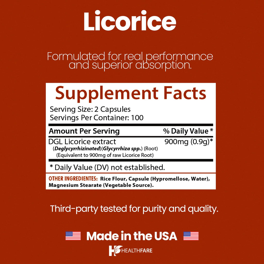 Healthfare Licorice Root Extract 900mg | DGL Supplement – 200 Vegan Capsules | Made in USA