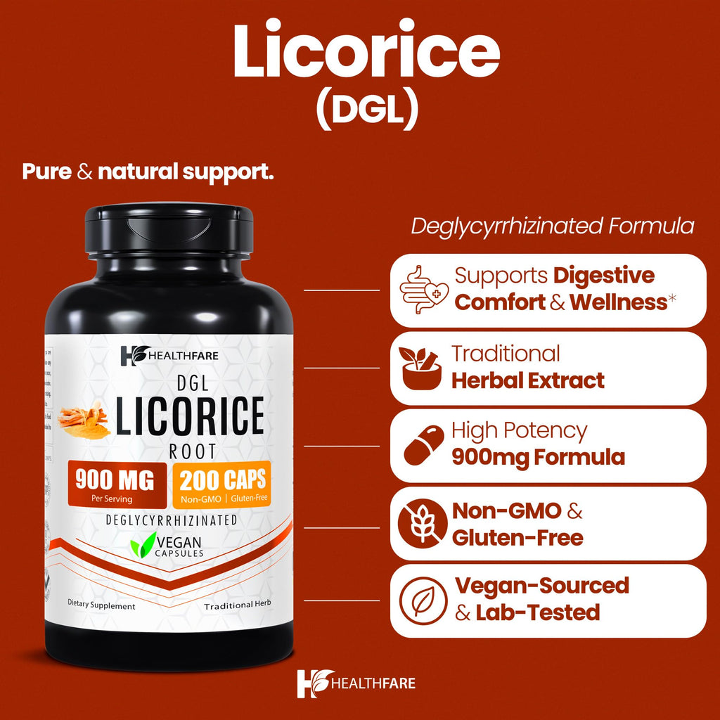 Healthfare Licorice Root Extract 900mg | DGL Supplement – 200 Vegan Capsules | Made in USA