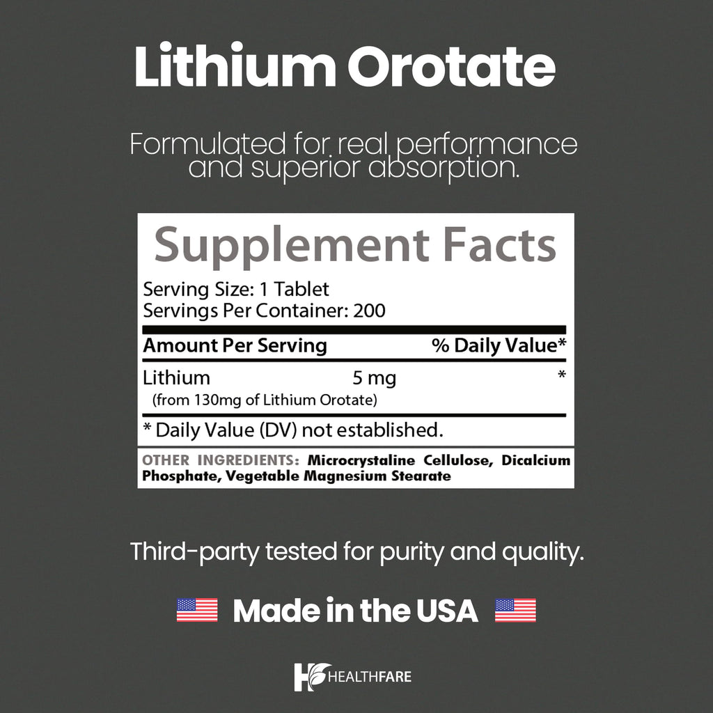 HealthFare Lithium Orotate 130mg | 200 Tablets | Made in USA