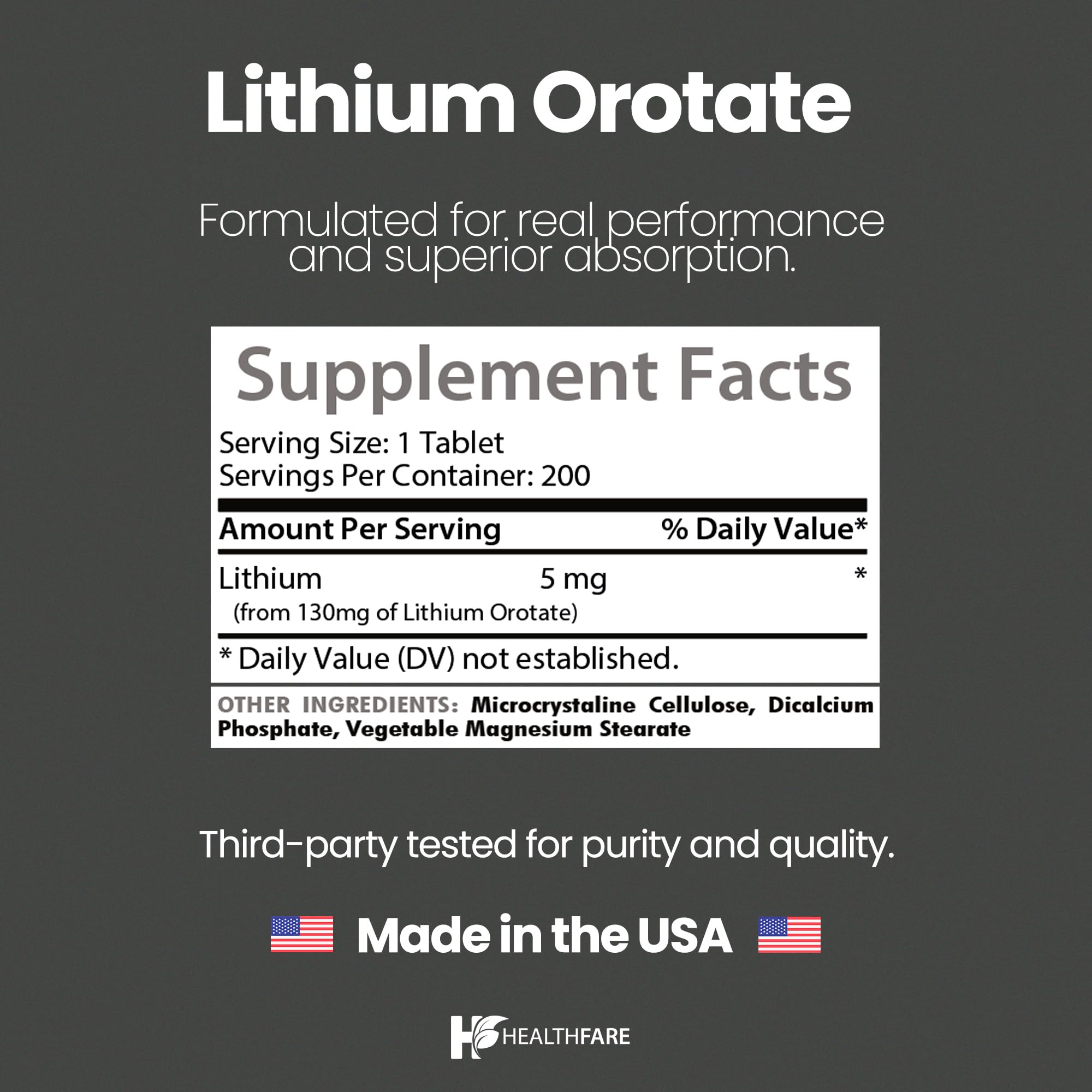 HealthFare Lithium Orotate 130mg | 200 Tablets | Made in USA
