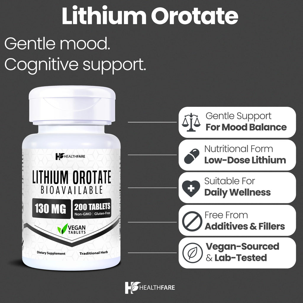 HealthFare Lithium Orotate 130mg | 200 Tablets | Made in USA