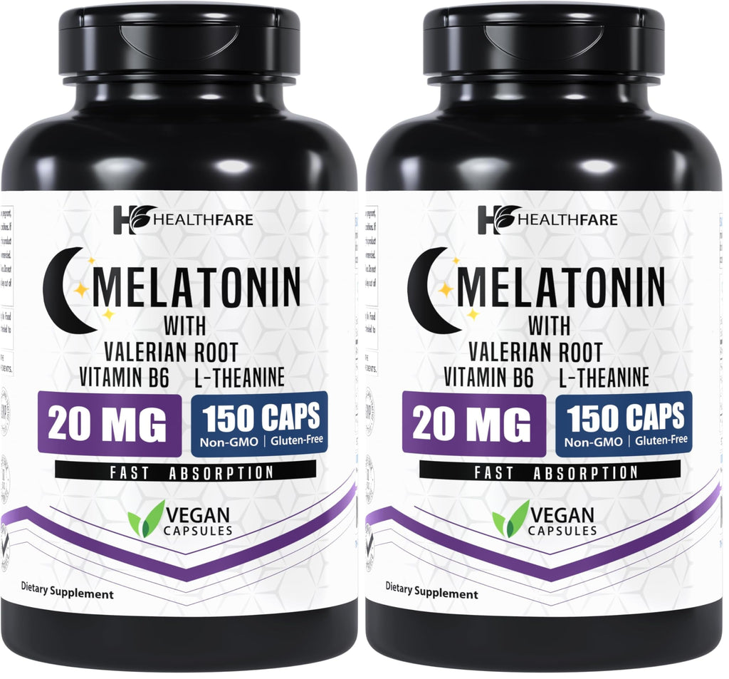 Healthfare Melatonin 20mg | 150 Veg Capsules | Complex with L-Theanine | Valerian Root & Vitamin B6 | Vegetarian Formula | Non-GMO | Gluten-Free | Made in The USA (Pack of 2)