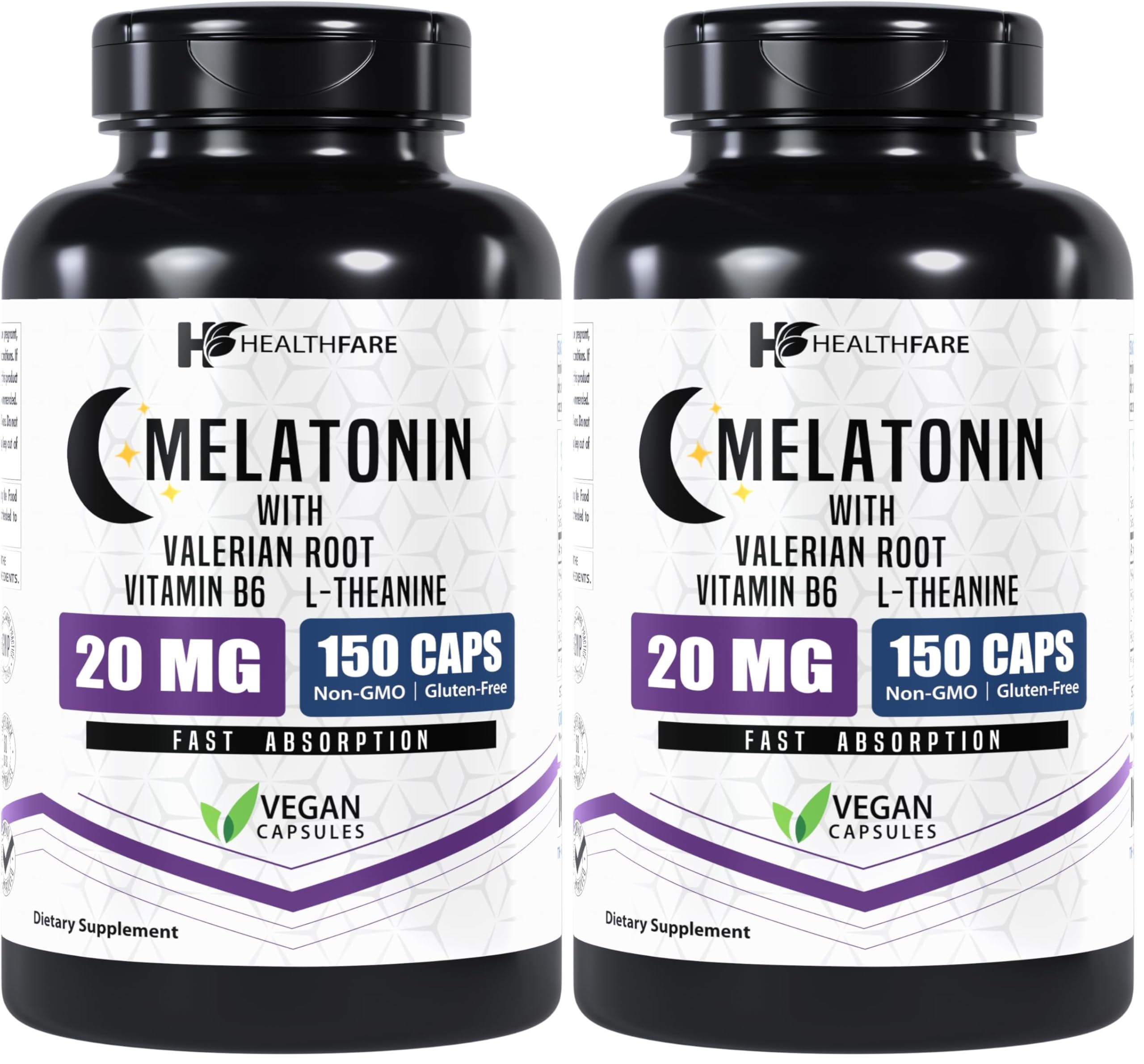 Healthfare Melatonin 20mg | 150 Veg Capsules | Complex with L-Theanine | Valerian Root & Vitamin B6 | Vegetarian Formula | Non-GMO | Gluten-Free | Made in The USA (Pack of 2)