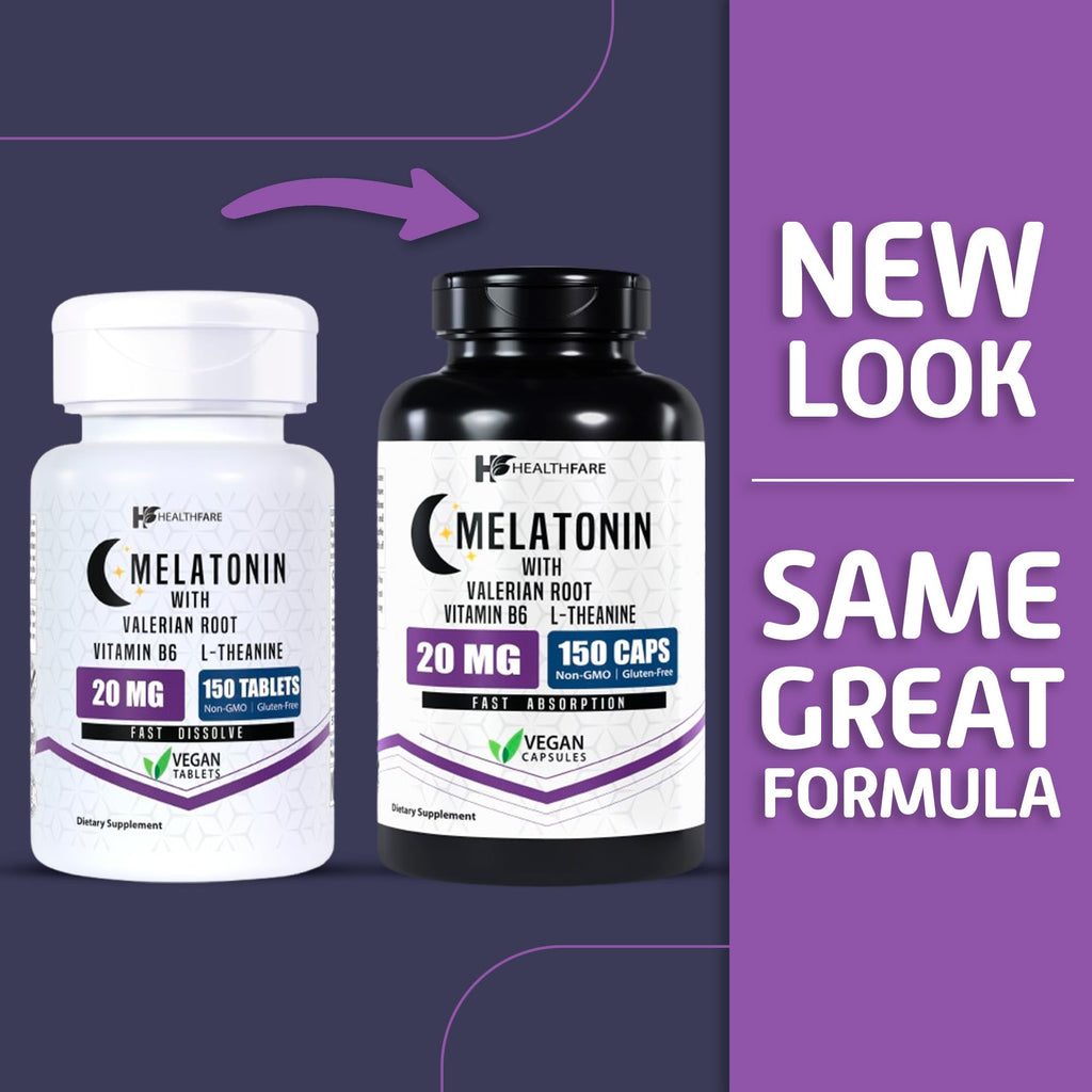 Healthfare Melatonin 20mg | 150 Veg Capsules | Complex with L-Theanine | Valerian Root & Vitamin B6 | Vegetarian Formula | Non-GMO | Gluten-Free | Made in The USA (Pack of 2)