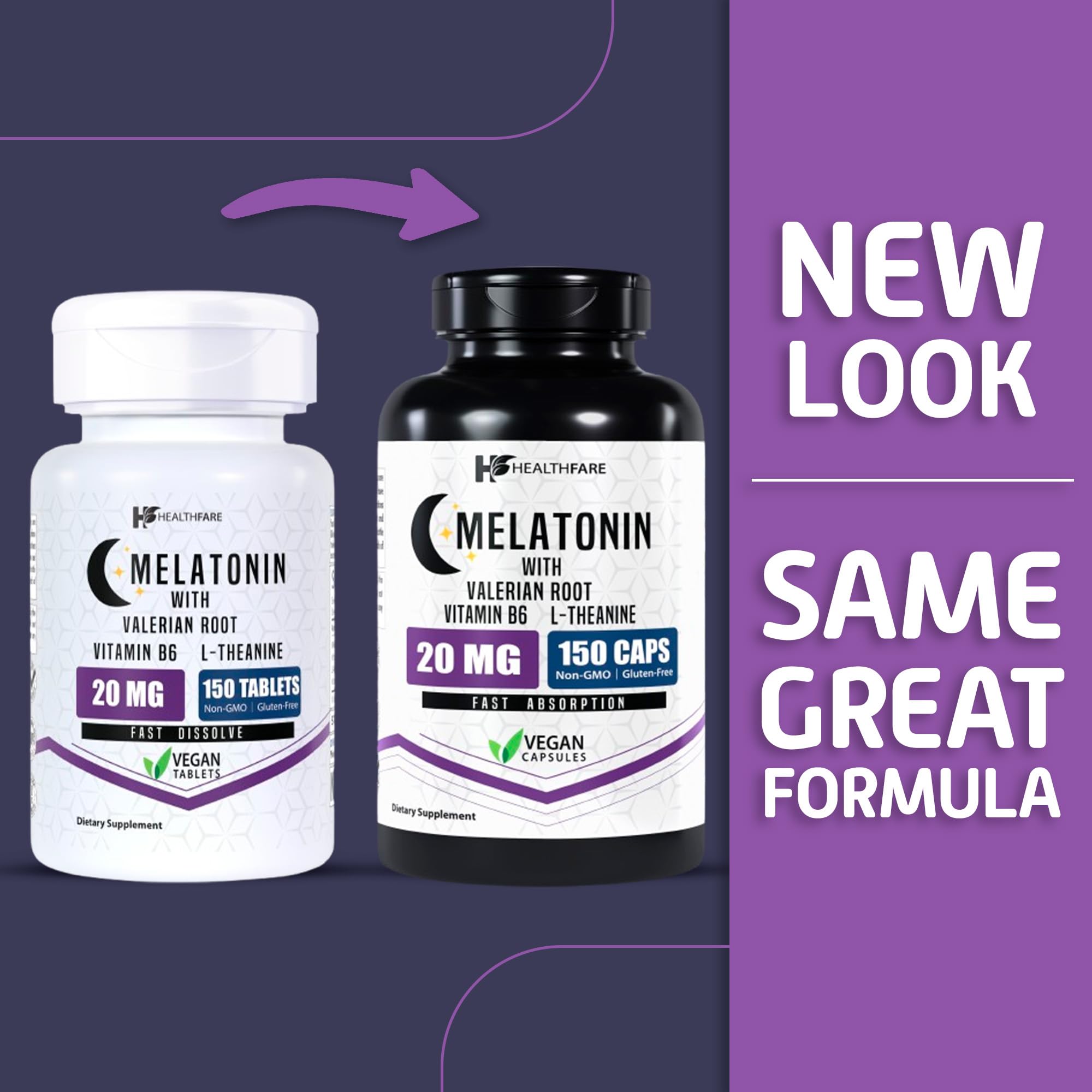 Healthfare Melatonin 20mg | 150 Veg Capsules | Complex with L-Theanine | Valerian Root & Vitamin B6 | Vegetarian Formula | Non-GMO | Gluten-Free | Made in The USA (Pack of 2)