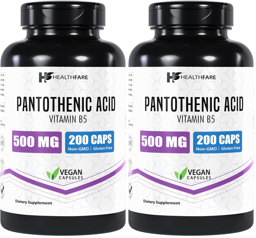Healthfare Pantothenic Acid 500mg – 200 Veg Capsules | Energy & Skin Health | Non-GMO | Made in USA | Pack of 2