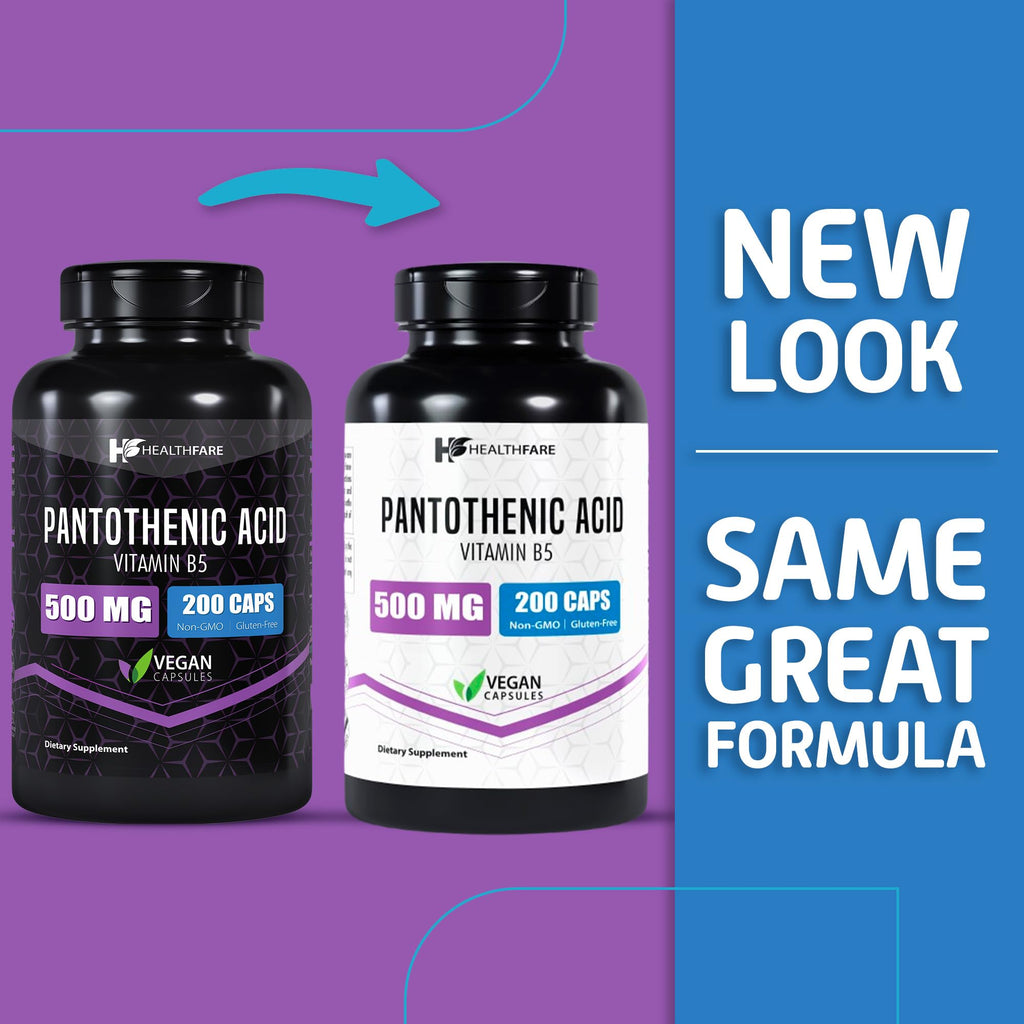 Healthfare Pantothenic Acid 500mg – 200 Veg Capsules | Energy & Skin Health | Non-GMO | Made in USA | Pack of 2