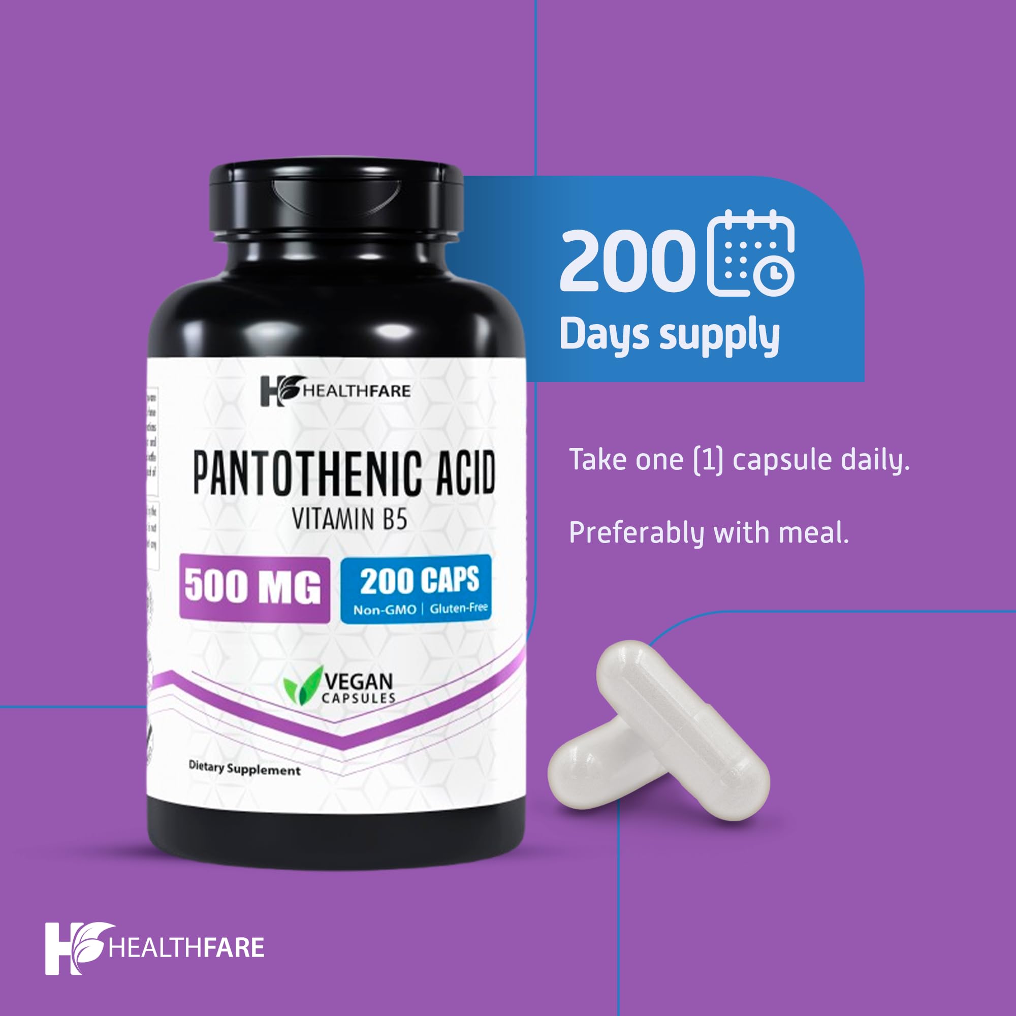 Healthfare Pantothenic Acid 500mg – 200 Veg Capsules | Energy & Skin Health | Non-GMO | Made in USA | Pack of 2