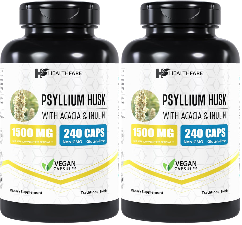 Healthfare Psyllium Husk Capsules 1500mg – 240 Veg Caps – Gluten-Free & Non-GMO Pack of 2