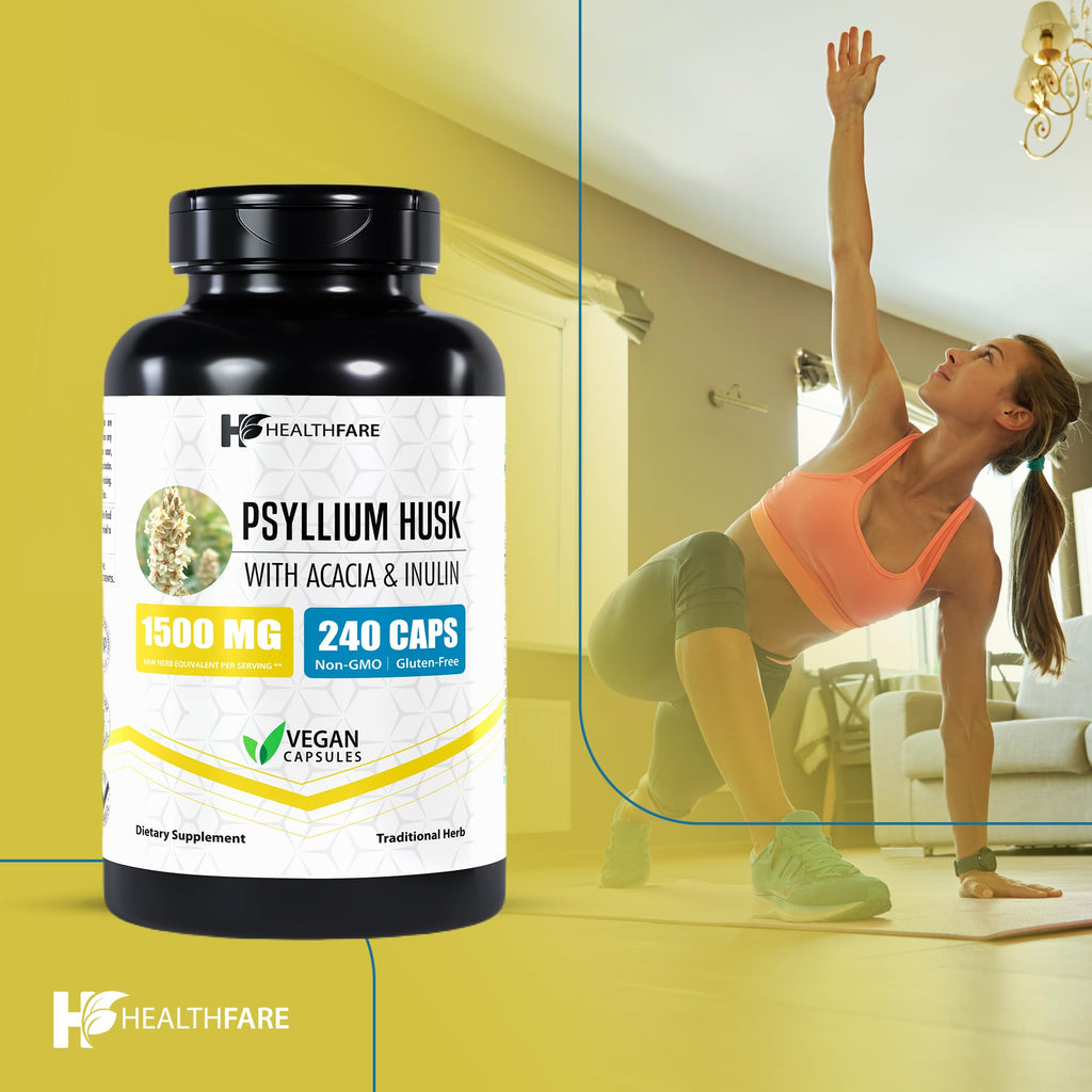 Healthfare Psyllium Husk Capsules 1500mg – 240 Veg Caps – Gluten-Free & Non-GMO Pack of 2