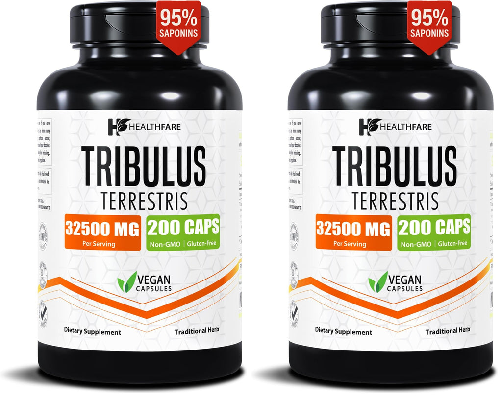 Healthfare Tribulus Terrestris for Men & Women | 32,500mg Ultra Potency Extract | 95% Saponins | 200 Capsules | Natural Strength, Energy & Stamina | Non-GMO, Gluten-Free, Made in USA (Pack of 2)