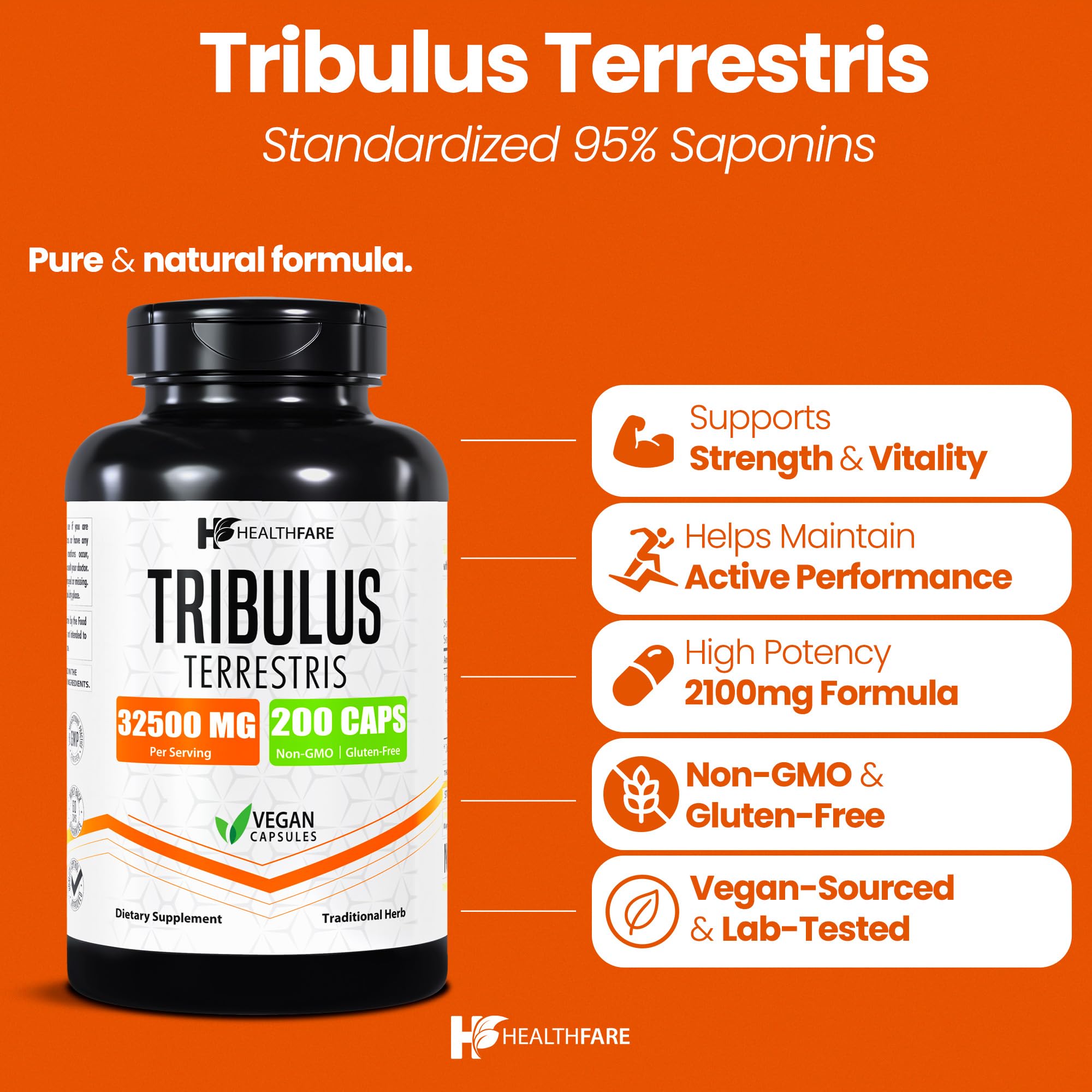 Healthfare Tribulus Terrestris for Men & Women | 32,500mg Ultra Potency Extract | 95% Saponins | 200 Capsules | Natural Strength, Energy & Stamina | Non-GMO, Gluten-Free, Made in USA (Pack of 2)