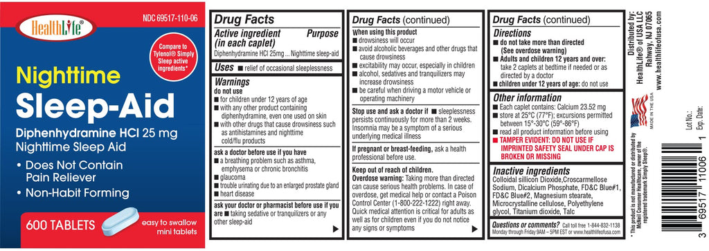 HealthLFE HealthPharma Nighttime Sleep-Aid 25 mg Diphenhydramine HCl Caplets - 600 Count