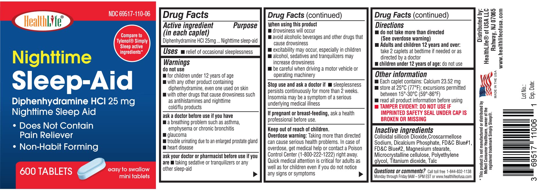 HealthLFE HealthPharma Nighttime Sleep-Aid 25 mg Diphenhydramine HCl Caplets - 600 Count