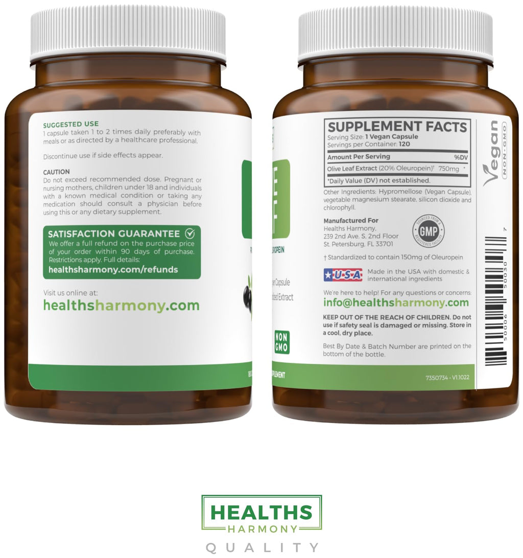 Super Strength Olive Leaf Extract Capsules 750mg – 20% Oleuropein | Vegan, Non-GMO Immunity, Skin & Heart Health – Made in USA (4 Month Supply)