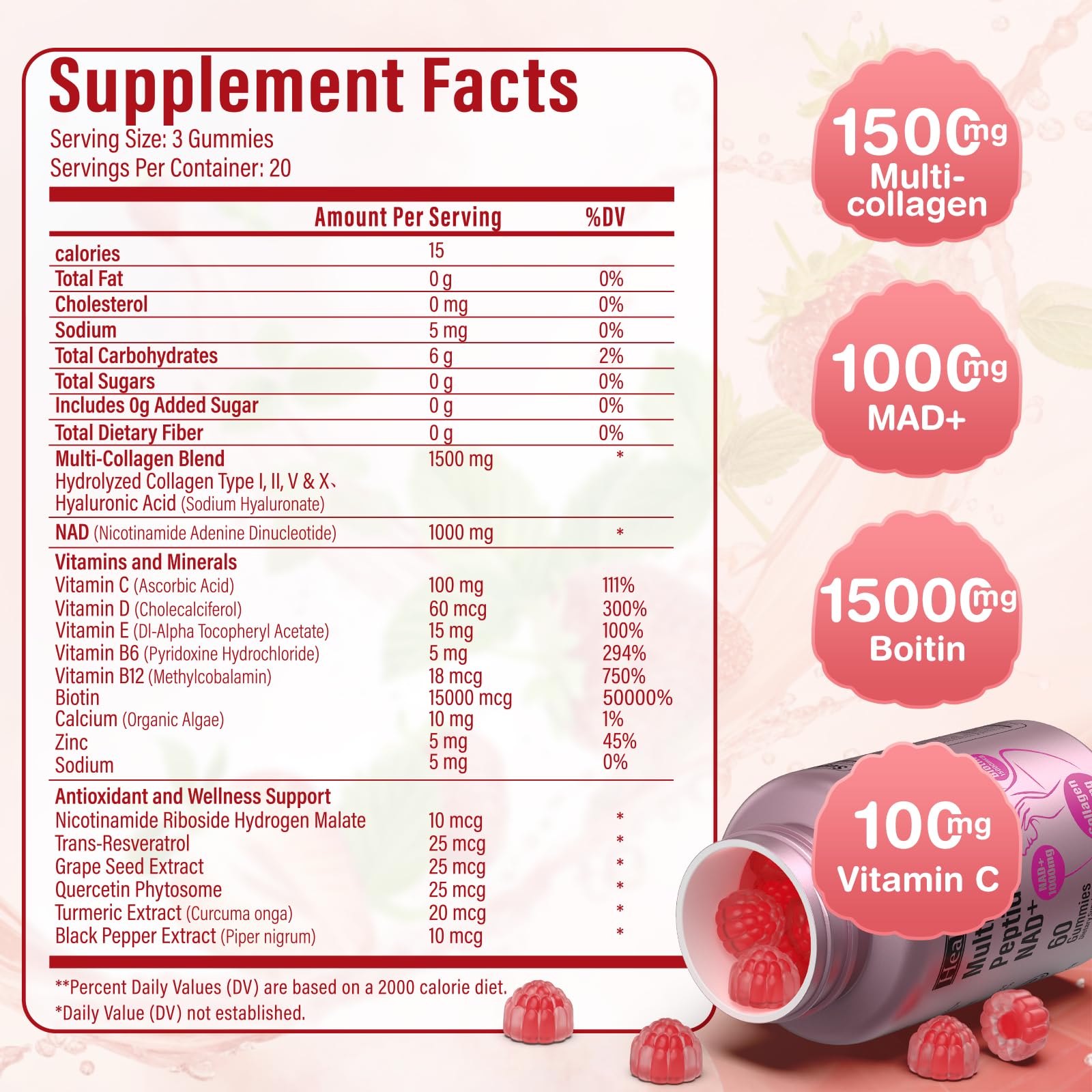 HealthSender Collagen Gummies – 1500mg Collagen, NAD, Biotin | Sugar-Free