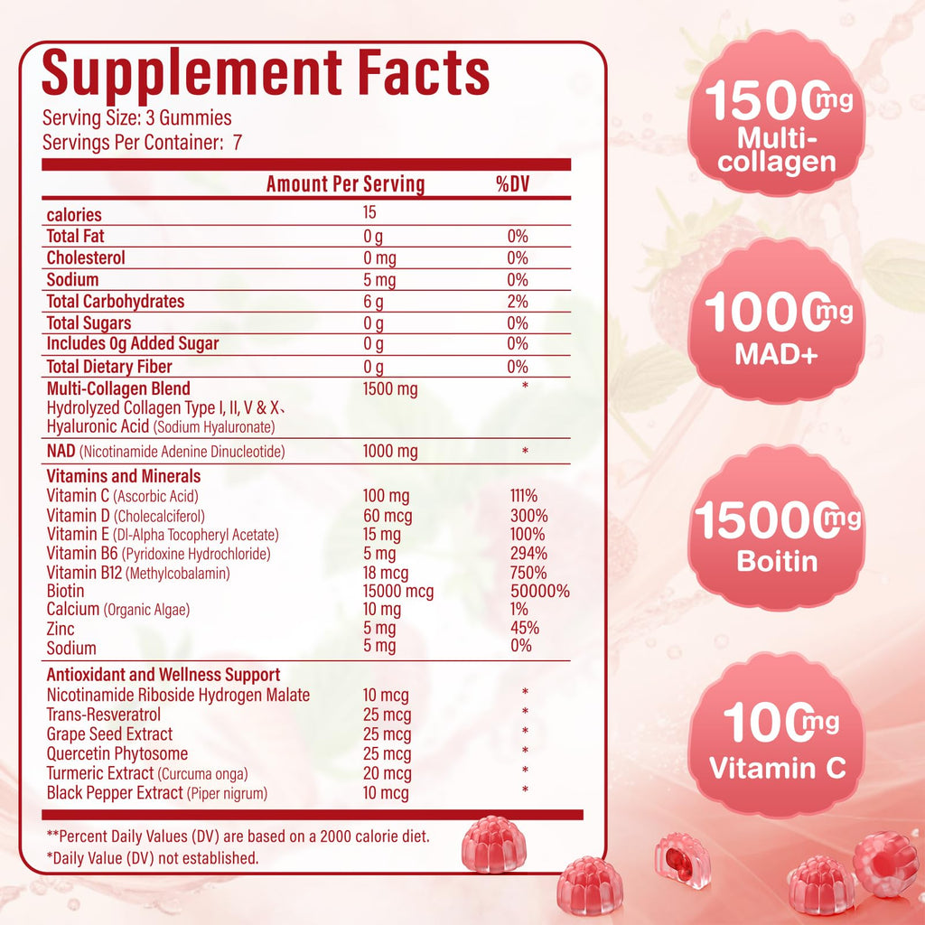 HealthSender Collagen Gummies – 1500mg Collagen, NAD 1000mg, Biotin 15000mcg