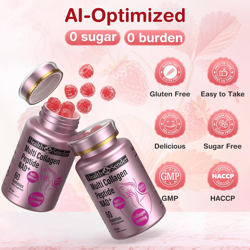 HealthSender Collagen Gummies – 1500mg Collagen, NAD, Biotin | Sugar-Free