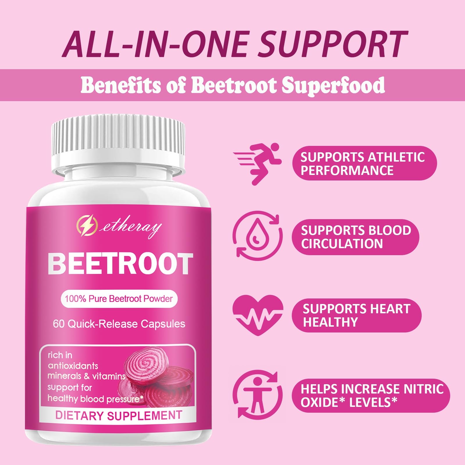 Etheray Beetroot Capsules - 1300mg per Serving | Organic Beetroot Powder - 60 Capsules