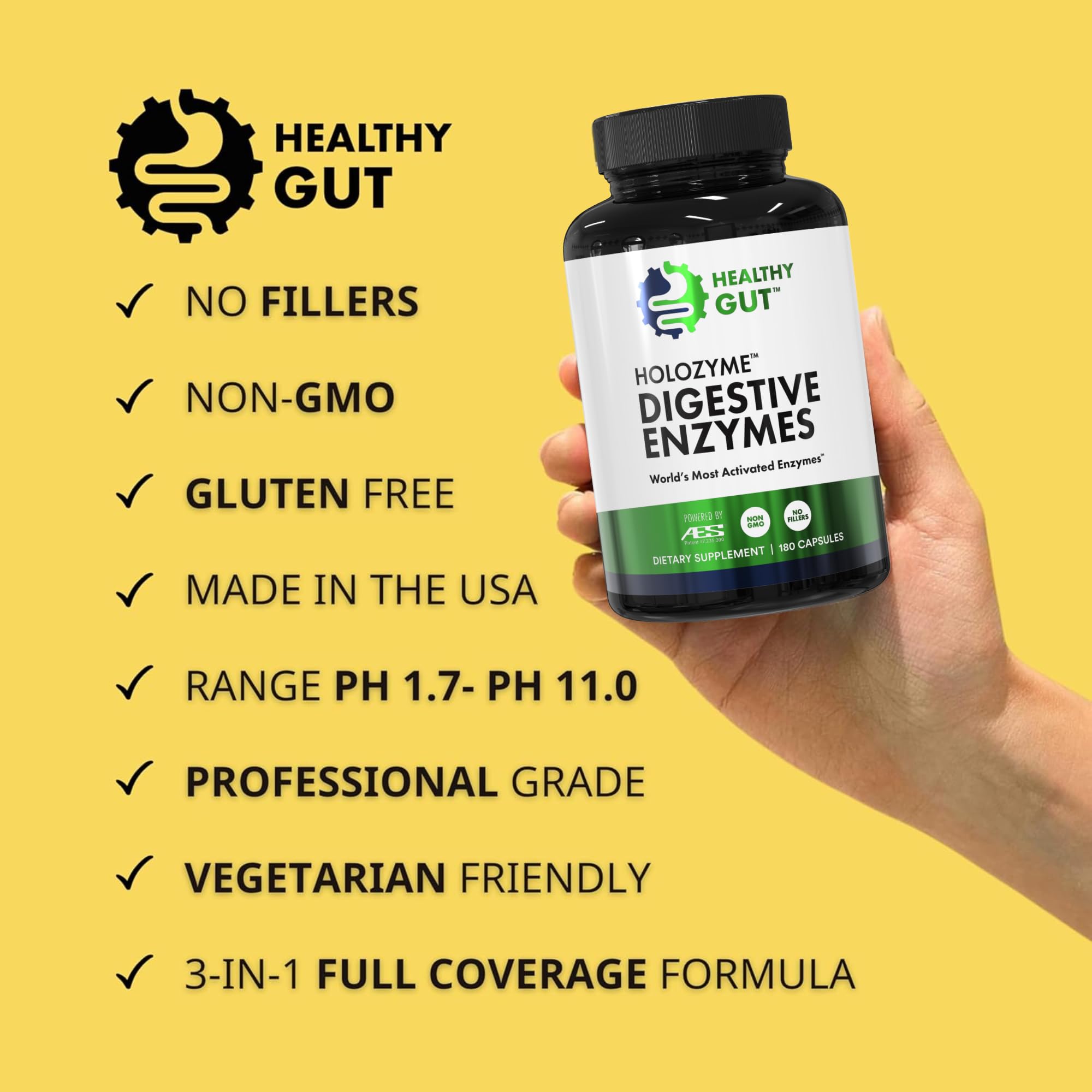 Healthy Gut HoloZyme Max Strength Digestive Enzymes | FODMAP Support with Inulinase, Amyloglucosidase & Invertase | 90 Servings