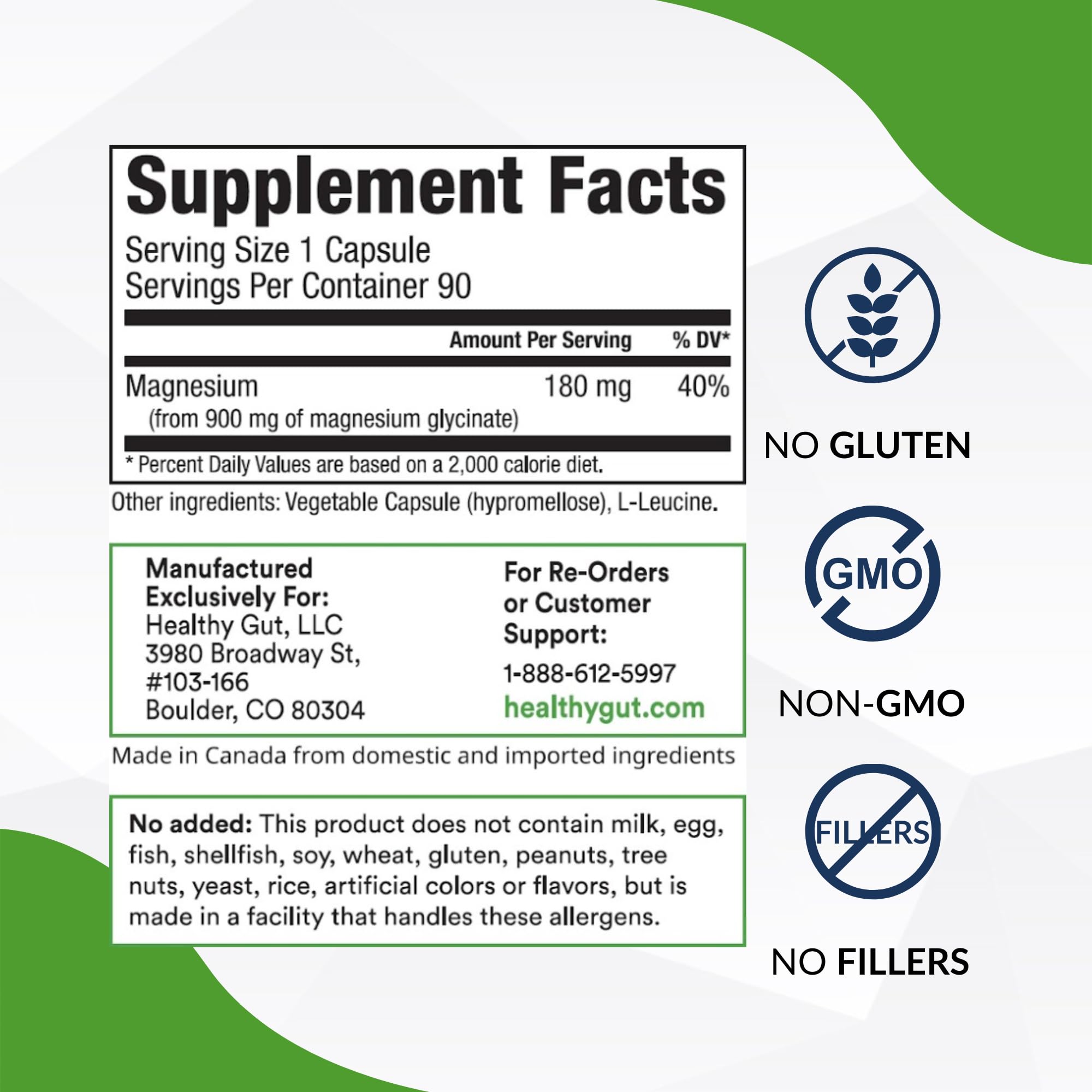 Healthy Gut Magnesium-HP – Ultra Pure Glycinate, 180 mg, 90 Servings, No Fillers