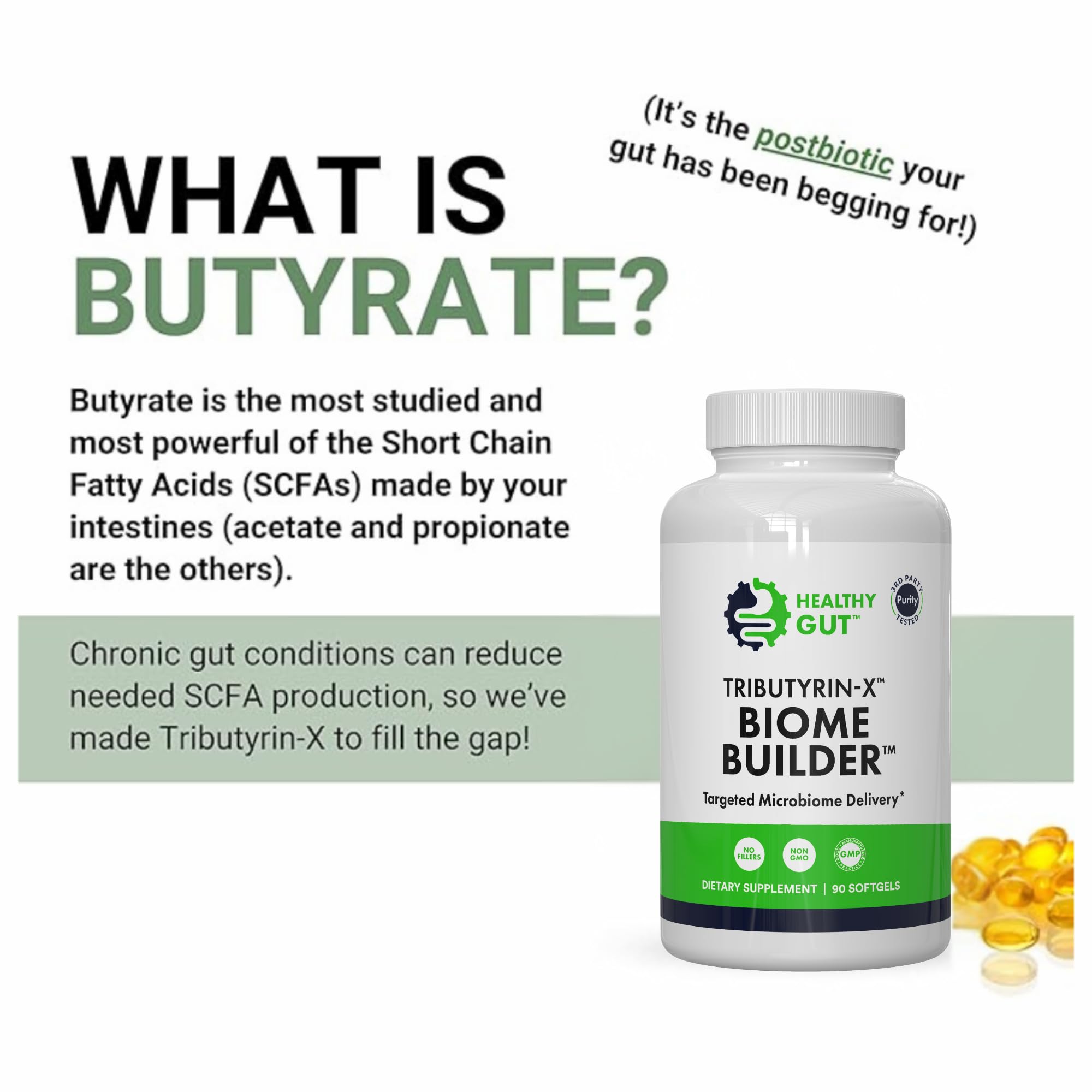 Healthy Gut Tributyrin-X | Most Bioavailable Butyrate Postbiotic for Gut Health & Leaky Gut Support | 99.9% Pure Odorless Softgels | 90 Softgels
