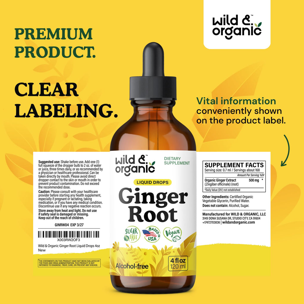 Wild & Organic Ginger Root Extract Drops - Immune & Digestive Support | Vegan, Sugar & Alcohol-Free 4 fl oz
