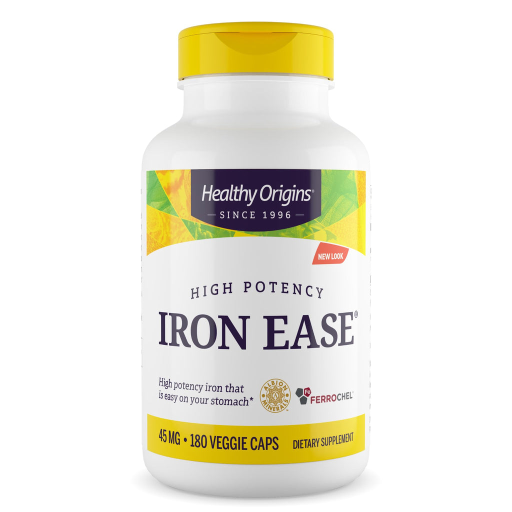 Healthy Origins Iron Ease 45 mg – Ferrochel Chelated Iron, Non-GMO, Vegan, 180 Veggie Caps
