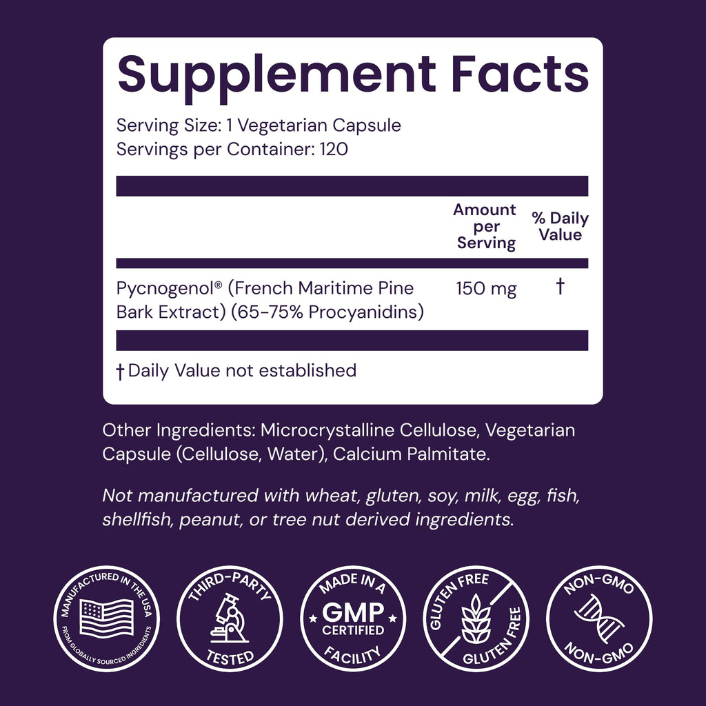 Healthy Origins Pycnogenol 150 mg – French Maritime Pine Bark Extract – 120 Veggie Capsules