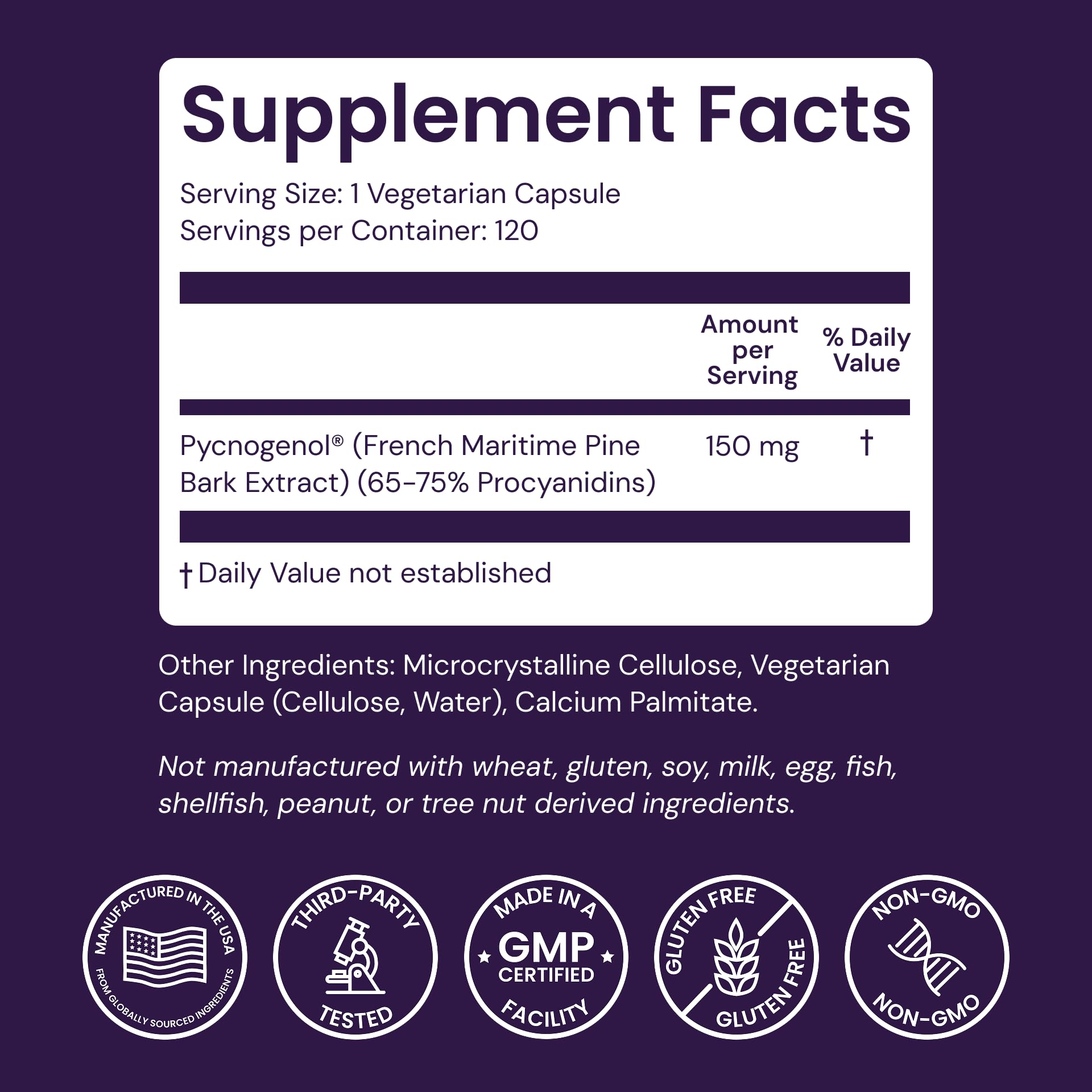 Healthy Origins Pycnogenol 150 mg – French Maritime Pine Bark Extract – 120 Veggie Capsules